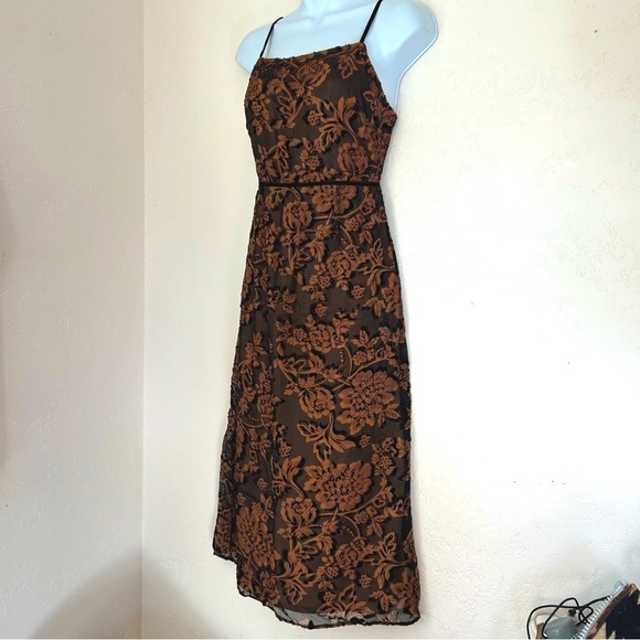 Y2K Brown Velvet Burnout Midi Dress Size S Fairy Grunge - Picture 4 of 13